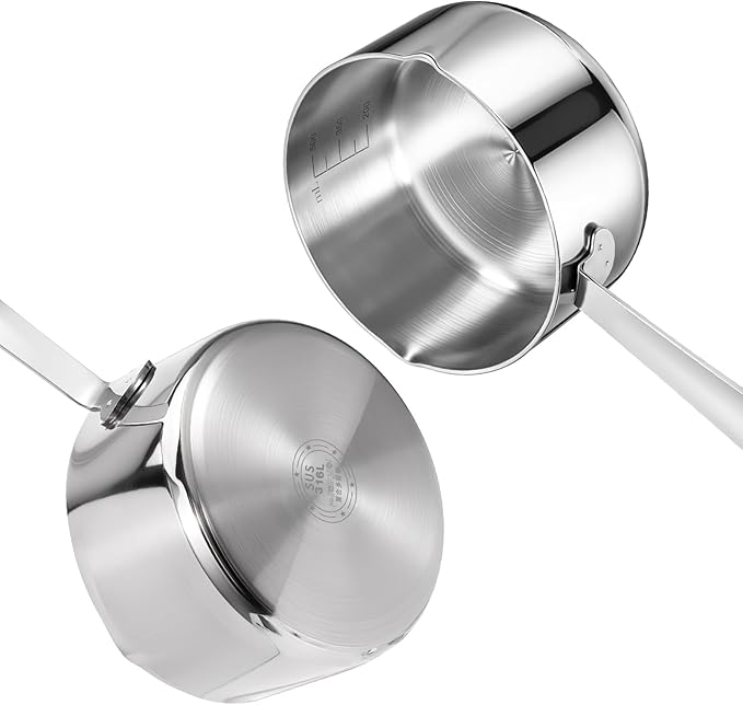 18/10 Stainless Steel Butter Warmer Measuring Pan, 0.5 Quart Small Sauce Pan with Dual Pour Spout, 17OZ/500ml Coffee Milk Chocolate Butter Melting Pot