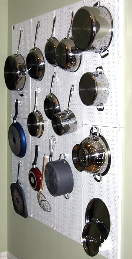 Wall Control Kitchen Pegboard Organizer Pots and Pans Storage Rack Organization Kit with White Pegboard and Blue Accessories