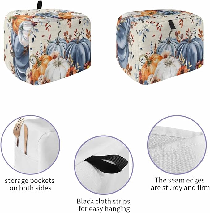 Blue White Pumpkins Fall Toaster Cover 4 Slice, Thanksgiving Leaves Dustproof Bakeware Oven Protector with Top Hook, Autumn Beige Waterproof Small Kitchen Appliance Toasters Dust Cover, 12"x11"x8"