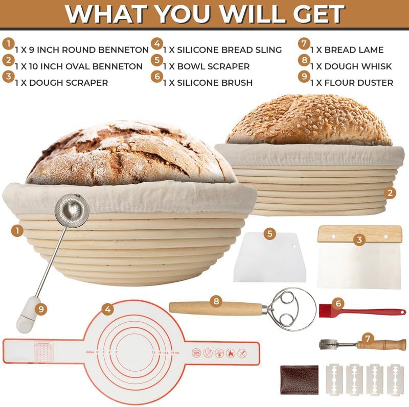 Banneton Bread Proofing Basket Set - Sourdough Starter Kit with Bread Making Tools Like 9" & 10" Baskets, Whisk, Brush, Scraper, Lame, Blades, Liners & More - Premium Sourdough Bread Baking Supplies