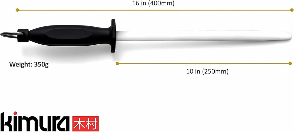 Kimura Professional Ceramic Honing Rod, 10 inch Honing Steel, Ceramic Knife Sharpener, 1200 Grit Finish, Ergonomic & Balanced Polypropylene Handle, Ideal for All Chef Knives, Japanese Gift Box