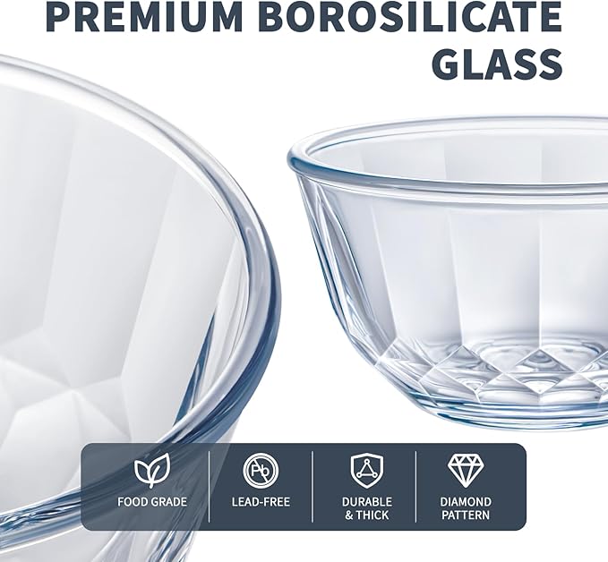 Luvan Glass Mixing Bowls with Lids Set of 5(0.85qt,1.11qt,1.69qt,2.85qt,4.7qt), Large Salad Bowl with Diamond Pattern & Grey Transparent Lids, Kitchen Clear Mixing Bowl for Serving Baking Prep Storage