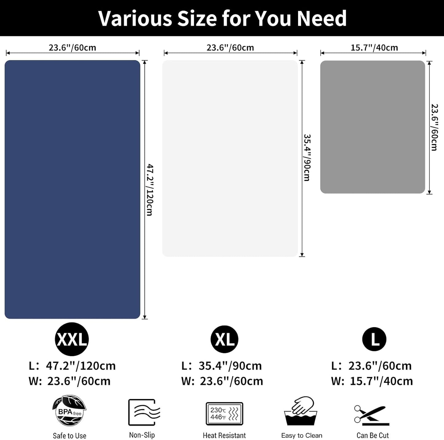 2MM Extra Thick Silicone Mats for Kitchen Counter, 23.6" x 15.7" Kitchen Island Heat-Resistant Coffee Mat, Non-slip Desk Protect Mat, Multipurpose Countertop Protector (Dark Grey)