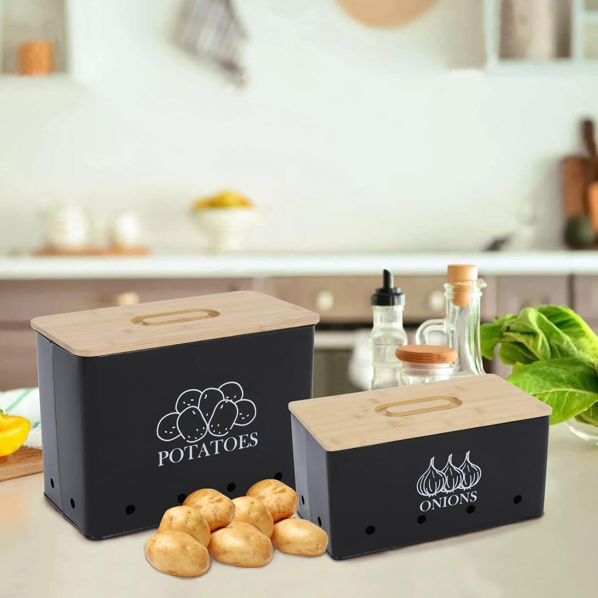 Potato Onion Storage Box, Food Container Sets, Storage Canisters for Vegeatables, Set of 2 Jars Pots Containers, Potato & Onion Bin with Aerating Tin Storage Holes & Bamboo Lid-Black