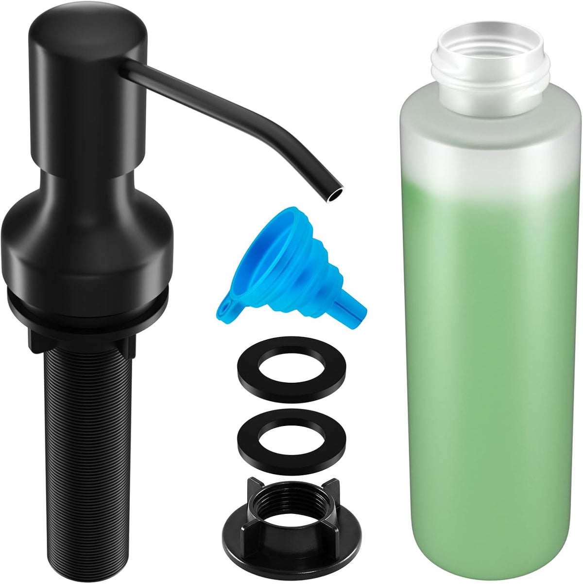 Soap Dispenser for Kitchen Sink, Kitchen Sink Soap Dispenser with 17 OZ Bottle, Refill from The Top Bar, Longer Threaded Shaft Shank, Wide Pump Head Base (Black)