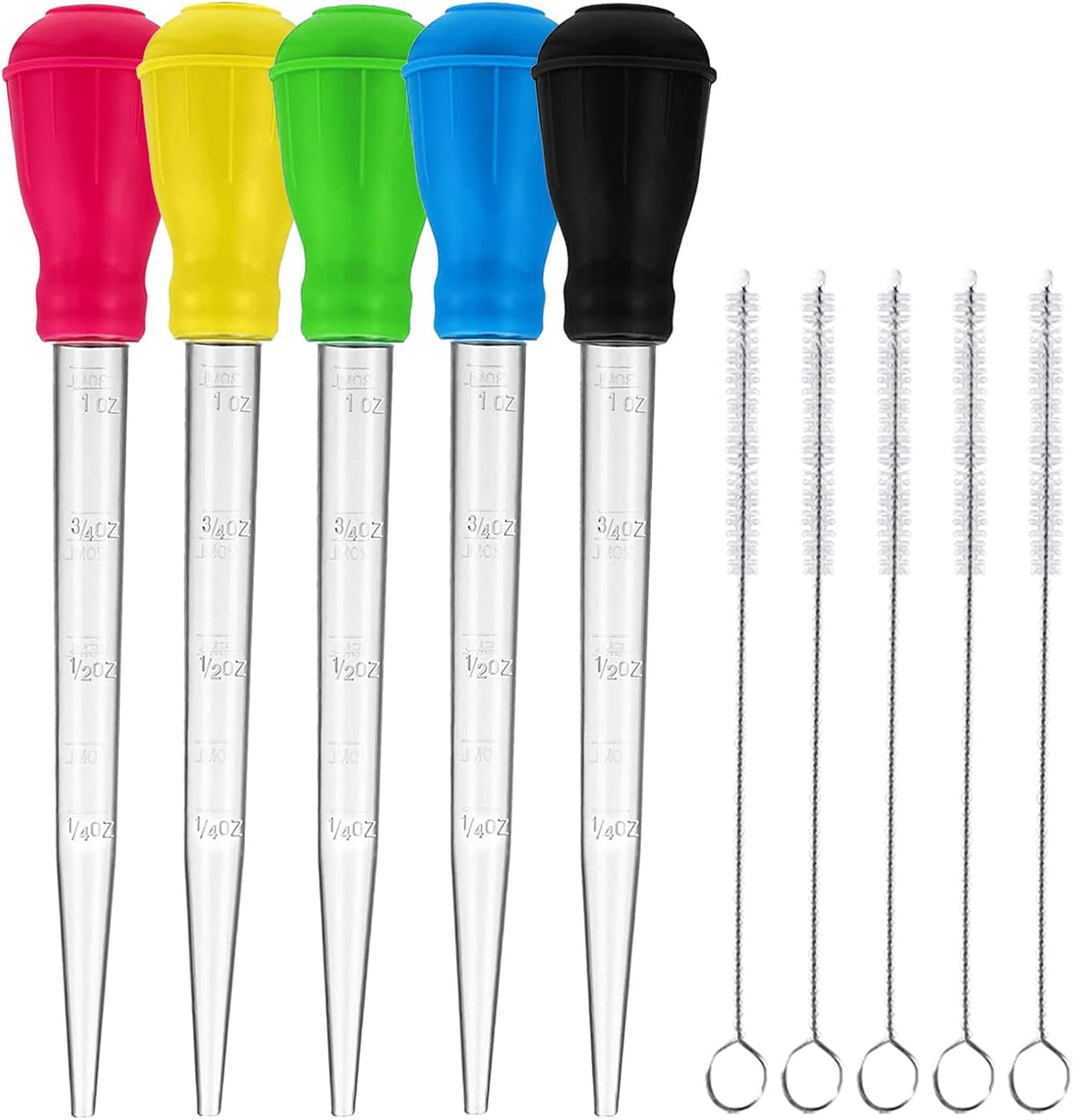 TXIN 5 Pieces 30ml/1oz Turkey Baster with 5 Cleaning Brush, Plastic Syringe Baster with Silicone Pump Head, Heat-resistant Meat Marinade Injector with Measurments for BBQ Grill Baking Kitchen Cooking
