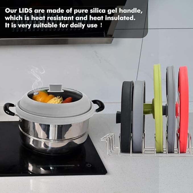 Tall Microwave Splatter Cover Glass Cover Guard Lid 6 inch Height with Collapsible Silicone for Food Pot Plate 12.5 inch Grey