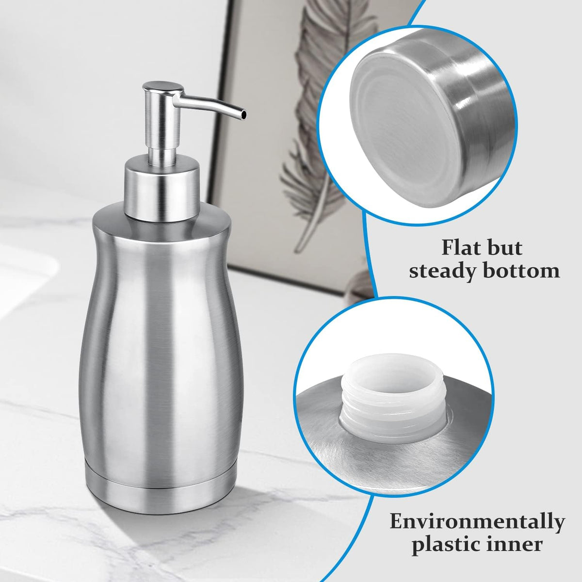 Soap Dispenser Stainless Steel - Brushed Nickel Pump Dispenser Bottle Refillable Liquid Hand Dish Soap Dispenser for Bathroom, Kitchen, Countertop, Silver (13.5 Oz / 400ML)