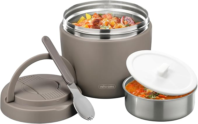 wiwens Thermo Food Jar for Hot Food Adults 32OZ Soup Thermo Lunch Containers Wide Mouth Vacuum Insulated Stainless Steel Leakproof Bento Box with Spoon (Khaki)