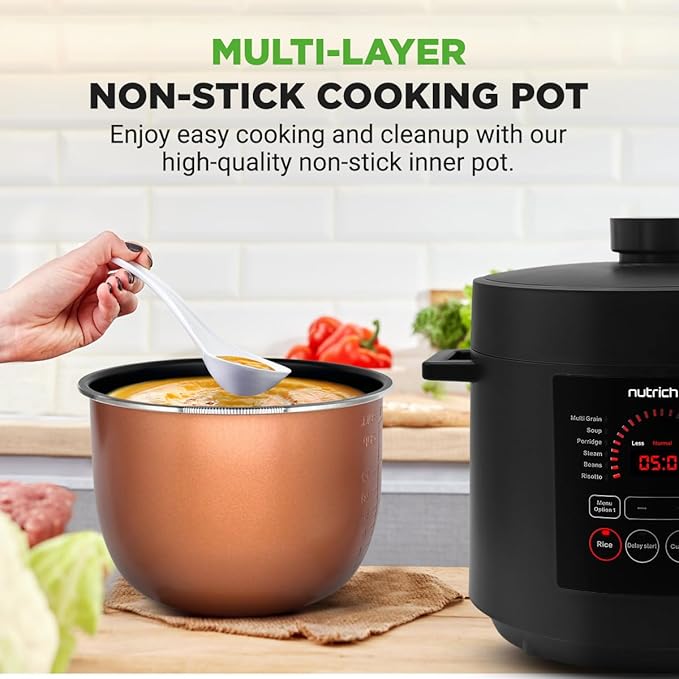 NutriChef Electric Pressure Cooker 6 Quart Capacity | 9 Function Digital Countertop Pressure Cooker | Adjustable Time & Temperature | Cook, Bake, Steam, Broil, & Braise | 13.1 x 11.4 IN | Black
