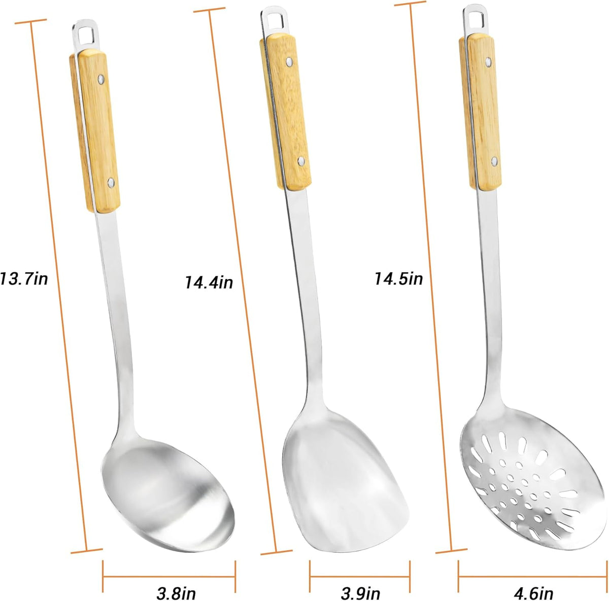 FJNATINH Wok Spatula and Ladle Skimmer Spoon - Stainless Steel Cooking Utensils Set of 3,Kitchen Wok Utensils Set