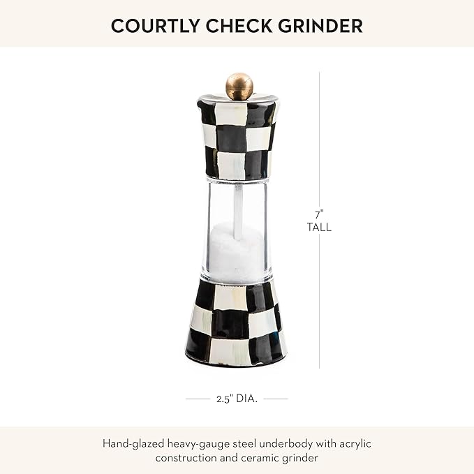 MACKENZIE-CHILDS Enamel Grinder, Refillable Manual Salt Grinder and Pepper Grinder, Black-and-White Courtly Check
