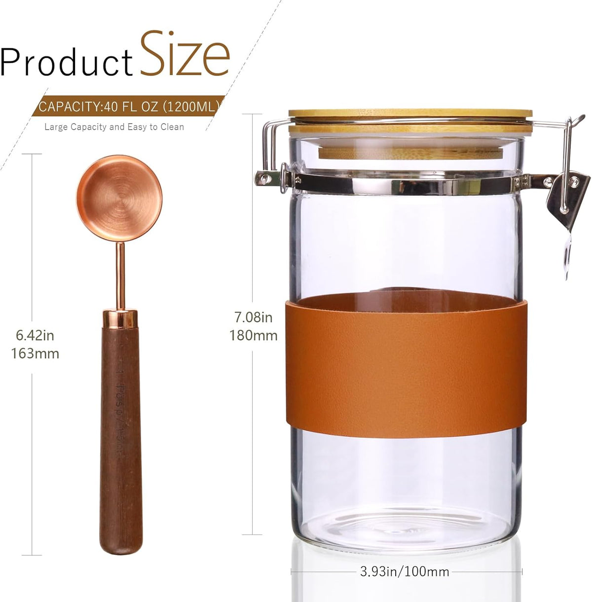 Glass Storage Jars with Spoon, Kitchen Food Storage jars with spoon, Glass Coffee Nuts Canister with Bamboo Lids, Scoop for Coffee Bean, Ground Coffe,Nuts, Cookie, Flour (40OZ×2)