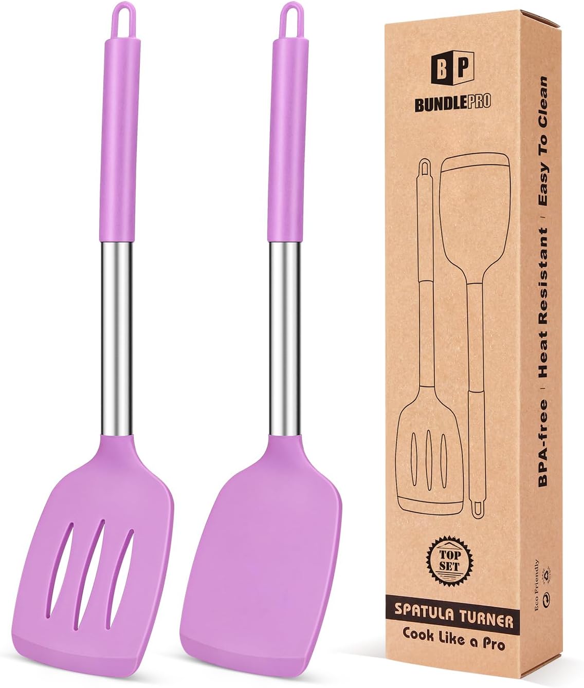 Pack of 2 Silicone Solid Turner, Non Stick Slotted Kitchen Spatulas, High Heat Resistant BPA Free Cooking Utensils, Ideal Cookware for Fish, Eggs, Pancakes(Purple)