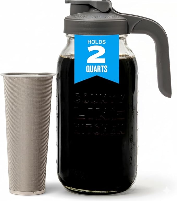 County Line Kitchen Glass Cold Brew Coffee Maker with Lid - Wide Mouth, 2 Quart (64 oz) - Heavy Duty, Leak Proof - Sun & Iced Tea Pitcher, Cold Brew Coffee, Breast Milk Storage, Water - Gray