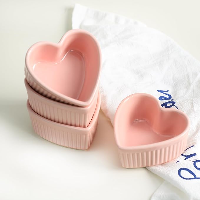 Sizikato Heart-Shaped Porcelain Souffle Dishes, Ramekins - 3.5 Inches for Souffle, Creme Brulee and Dipping Sauces - Set of 4