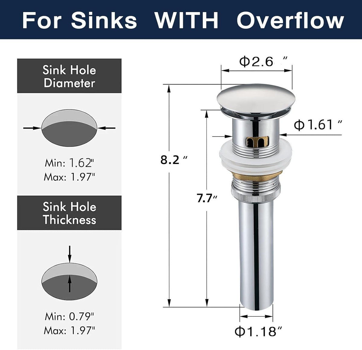 Stainless Steel Pop up Drain for Bathroom Sink Inst Sink Drain with Detachable Basket, Polished Chrome Drain Component with Overflow Bathroom Sink Drain