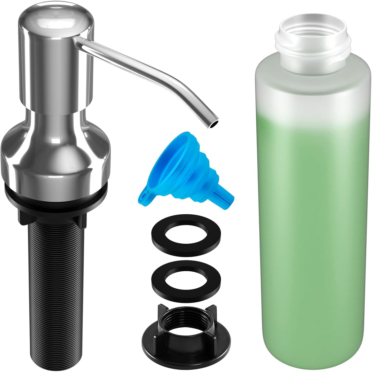 Soap Dispenser for Kitchen Sink, Kitchen Sink Soap Dispenser with 17 OZ Bottle, Refill from The Top Bar, Longer Threaded Shaft Shank, Wide Pump Head Base (Chrome)