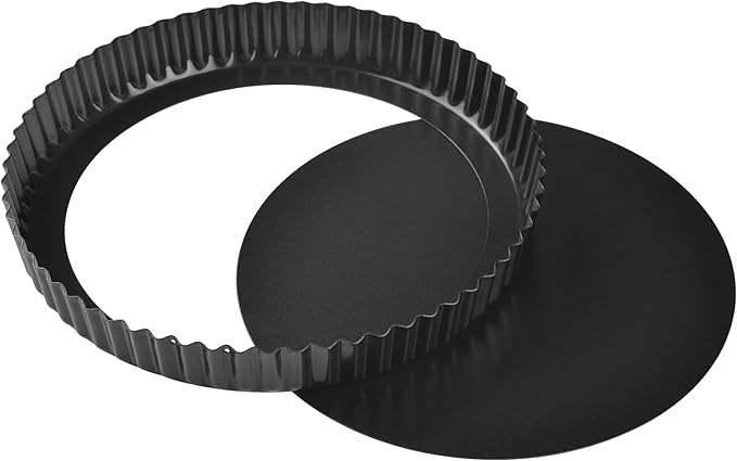 11-Inch Round Tart Pan with Loose Removable Bottom, Non-Stick Carbon Steel Quiche Pan for Oven Baking (Black)