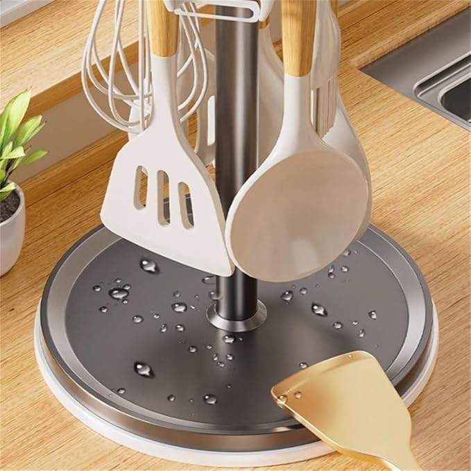 Rotatable Hanging Organizer with 8 Hooks for Kitchen Utensils, 360 Degree Swivel Countertop Holder for Cooking Tool Storage (Grey)