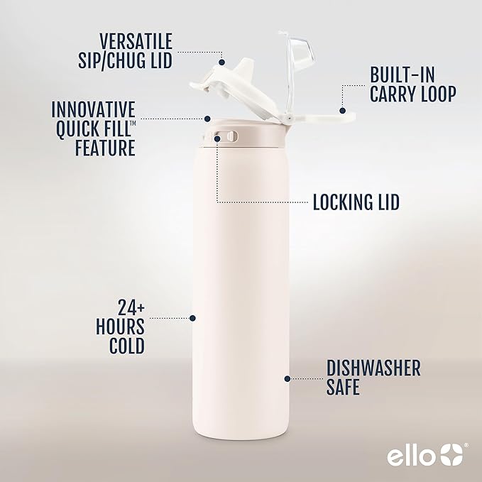 Ello Pop & Fill 22oz Stainless Steel Water Bottle with Quick Fill Technology, Double Walled and Vacuum Insulated Metal, Leak Proof Locking Lid, Sip and Chug, Reusable, BPA Free, Tonal Cream