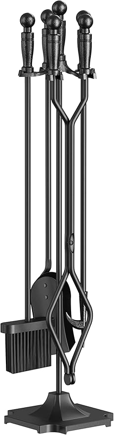 Fire Beauty Fireplace Tools Set 5 Pieces Wrought Iron Fireset Woodstove Log Tongs Holder Fire Kit Setwith Pedestal Place(32 Inches)