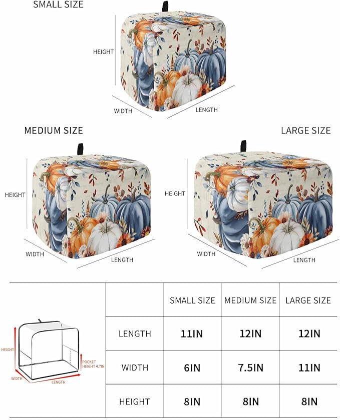 Blue White Pumpkins Fall Toaster Cover 4 Slice, Thanksgiving Leaves Dustproof Bakeware Oven Protector with Top Hook, Autumn Beige Waterproof Small Kitchen Appliance Toasters Dust Cover, 12"x11"x8"