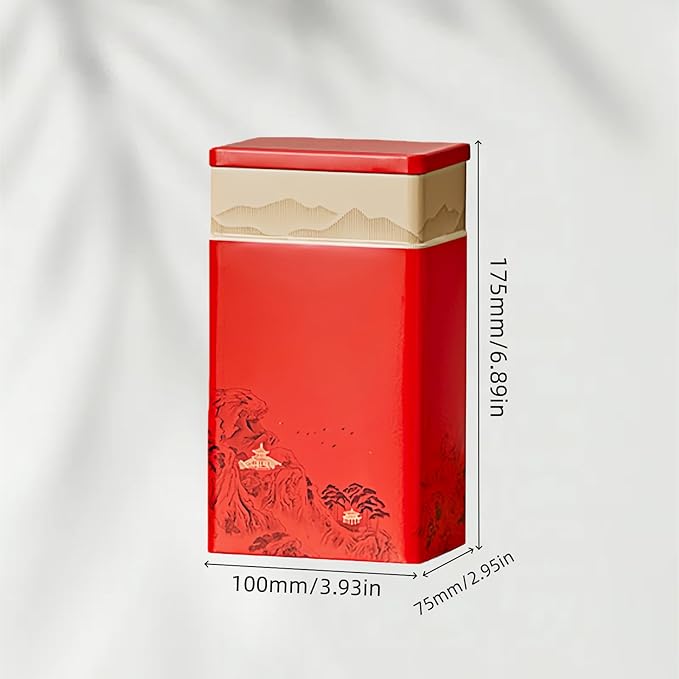 HAN SHENG Tea Canister, Airtight Storage Tin for Loose Leaf Tea & Bags, 8-Inch Decorative Metal Container with Oriental Mountain Design, Red