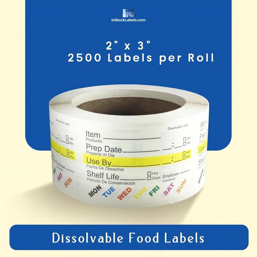 InStockLabels Dissolvable Food Labels - 2” x 3” (2500 Labels) - Rotation Food Stickers for Kitchen & Restaurant Supplies - Ideal for Jar, Containers and Freezer Storage, Kitchen Stickers