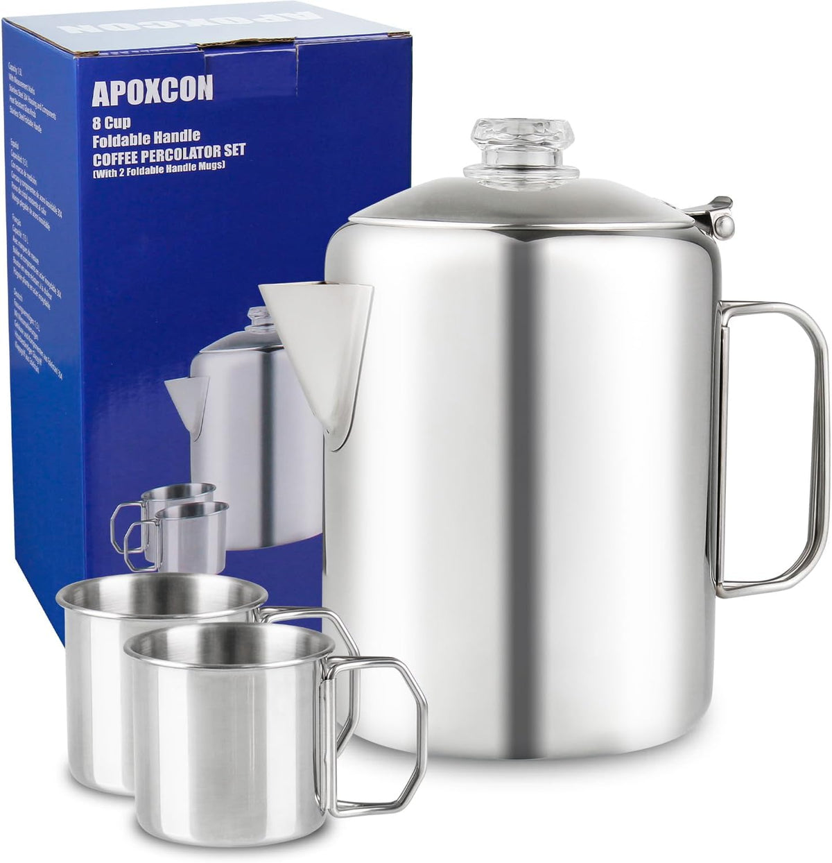 Coffee Percolator Bundle with 2 Mugs Stainless Steel Coffee Maker with Heat Resistant Tough Glass Knob & Foldable Handle Using on any Stovetop Outdoor Camping NO Aluminum NO Plastic (8 Cup)