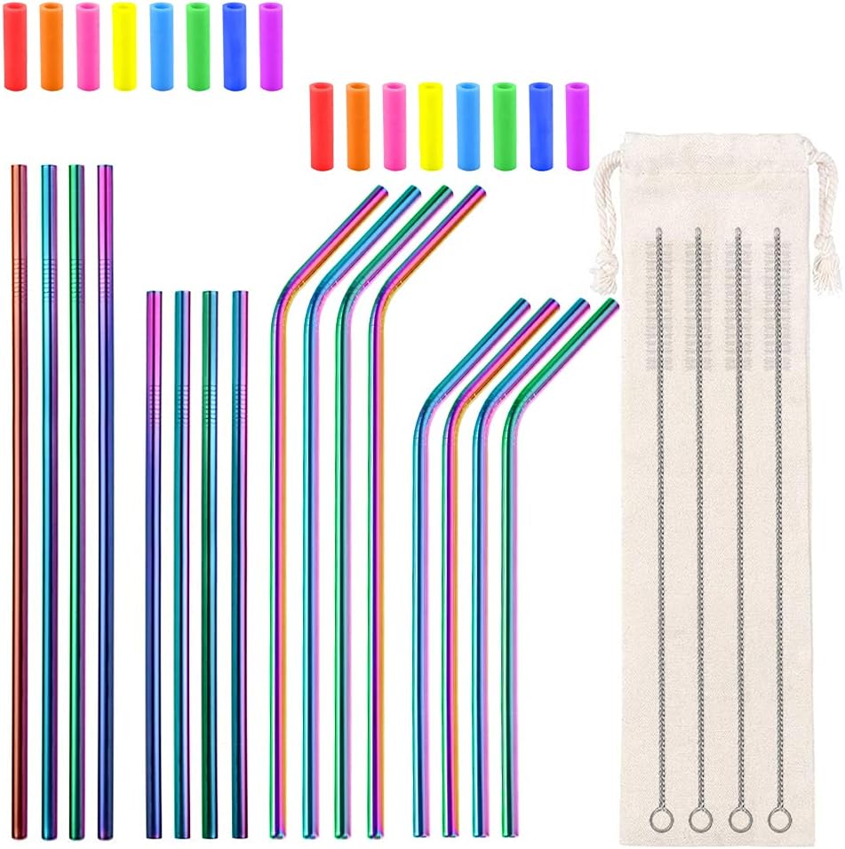 Lazycorner 16 Pcs Metal Straw Reusable 8.5" 10.5" 6mm Stainless Steel Straws for Tumblers 20oz-32oz, Rainbow Drinking Straws with Silicone Tips, 4 Straw Cleaner Brush, 1 Travel Case