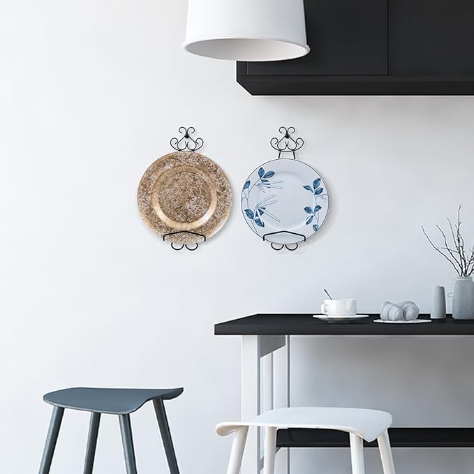 MyGift Set of 2 Vertical Hanging Collectible Plate Holders, Wall Mounted Matte Black Metal Wire Vintage Scrollwork Display Racks, Holds 8 to 11 Inch Plates