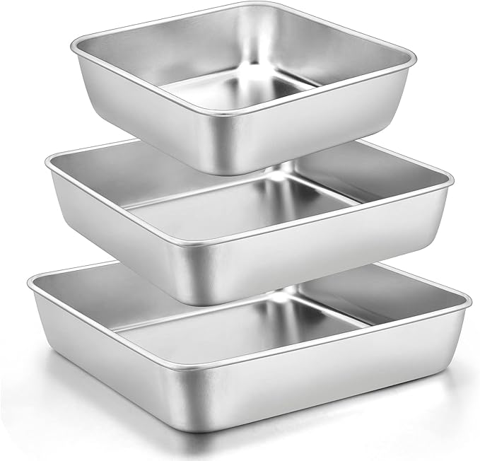 6/8/9-Inch Square Cake Pan Set, E-far Stainless Steel Square Baking Brownie Pans Metal Bakeware Set of 3, Non-toxic & Healthy, Easy Clean & Dishwasher Safe