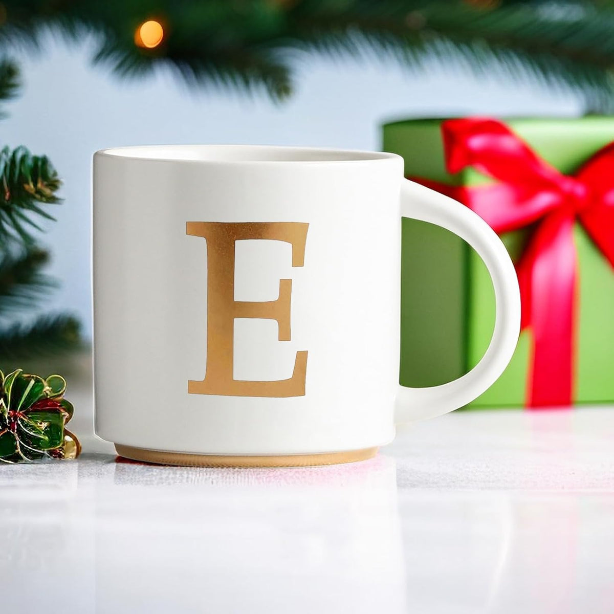 COLLECTIVE HOME - Monogram Ceramic Mugs, 15 oz Golden Initial Coffee Cups, Elegant Alphabet Tea Mugs, Elegant Personalized Mug with Gift Box, Unique Mug with Double Side Capital Letter (E)