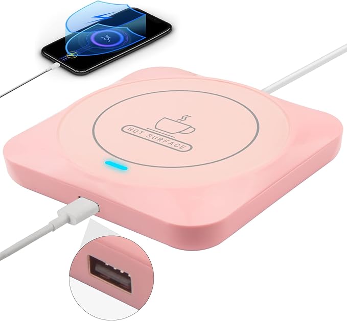USB Coffee Mug Warmer: Candle Wax Warmer Smart Electric Cup Warmer Charge for Phone Home Desk Office Use Beverage Heating Plate with Gravity Switch for Hot Cocoa Milk Tea Water Pink
