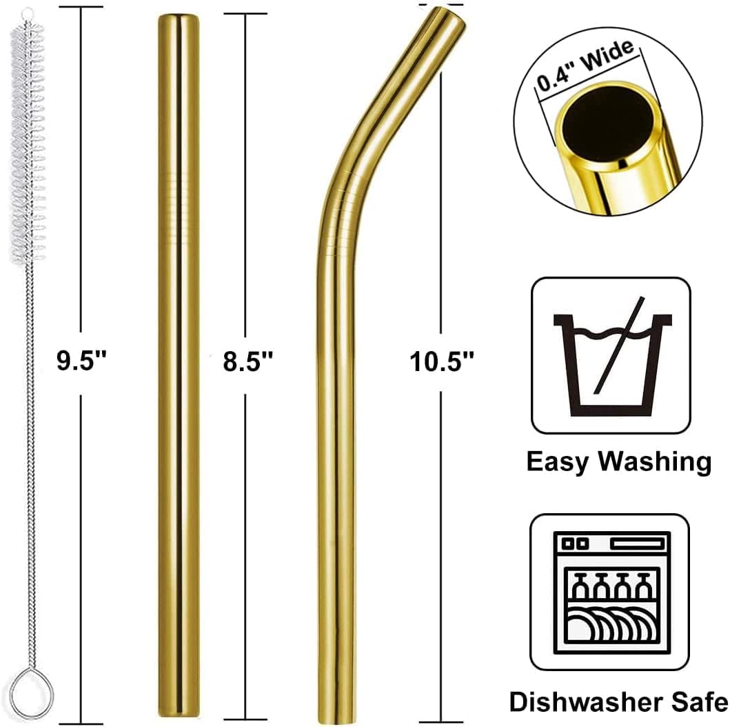 Vinaco 8.5" and 10.5" Big Smoothie & Milkshake Straws, 4 Pack Food-Grade Stainless Steel 0.4" Wide Mouth for Thick Drinks, Gold Metal Reusable