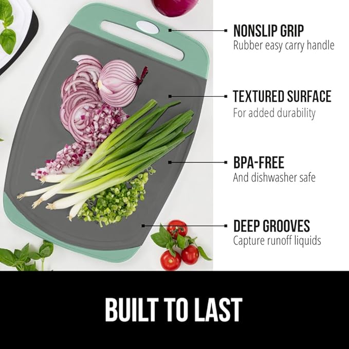 GORILLA GRIP BPA-Free Reversible Kitchen Cutting Board Set of 3, US Designed, Nonporous, Juice Grooves Catch Liquid, Slip Resistant Border, Dishwasher Safe, Durable Food Chopping Boards, Mint Gray