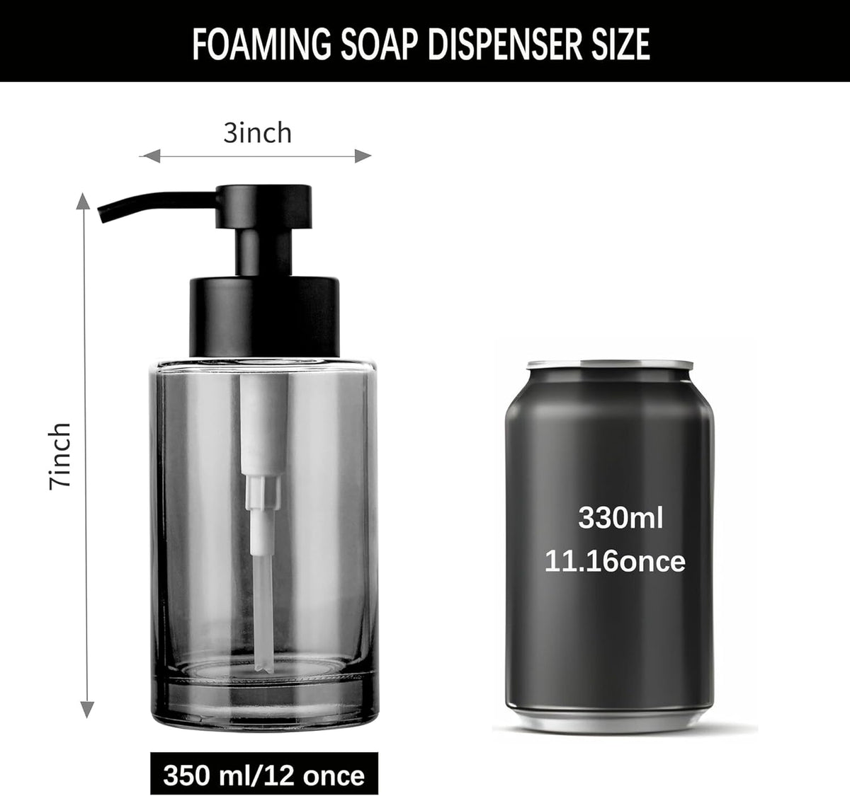 Enra Foaming Soap Dispenser, 12oz Black Thick Glass Bathroom and Kitchen Soap Dispenser with Stainless Steel Pump