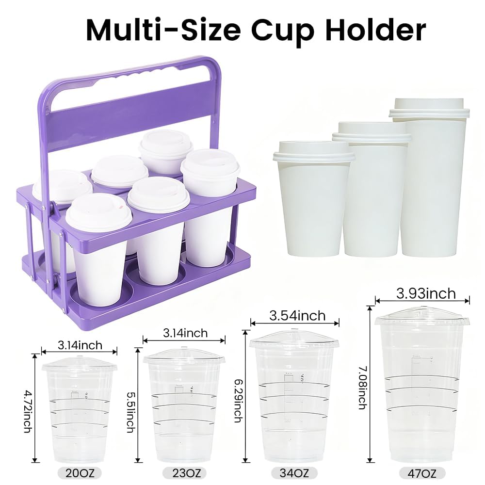 Bodaon 6 Cup Drink Carrier with Handle, Plastic Cup Holders for GrubHub/Doordash Delivery, Reusable Foldable Car Drink Caddy, Leakproof Food Delivery Accessories, 360° Secure Grip, Lavender