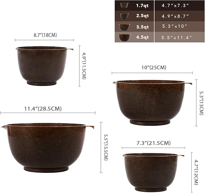 BoxedHome 4 Quart Large Plastic Mixing Bowls, Microwave Safe Mixing Bowl Set with Pour Spout, Nesting Bowls for Space Saving Storage(coffee)