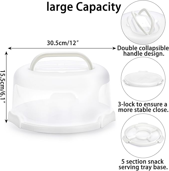 BSTKEY Portable Cake Carrier with Lid and Handle, Cake Turntable + Cupcake Storage Tray for Transport, 10" Round Cake Container Holder with Two Sided Base for Pies Nuts Fruit Cookies, White