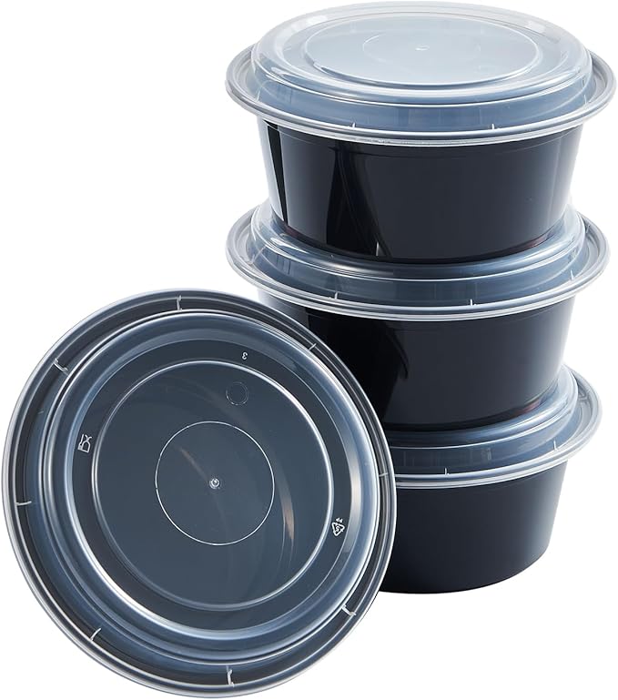 CIAO! Heavy Weight 38oz Injection Molded Microwavable Black Round Food Container with Lid (150/case)