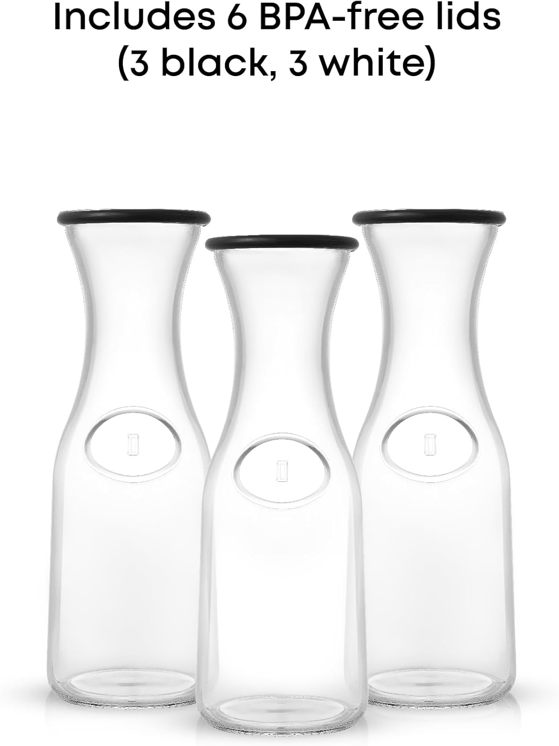 JoyJolt Glass Carafe with Lid, Set of 3 – 1 Liter Glass Pitcher for Mimosa Bar, Water, Iced Tea, Juice, Wine, Lemonade, Milk – Dishwasher Safe Beverage Drink Dispensers for Brunch, Parties
