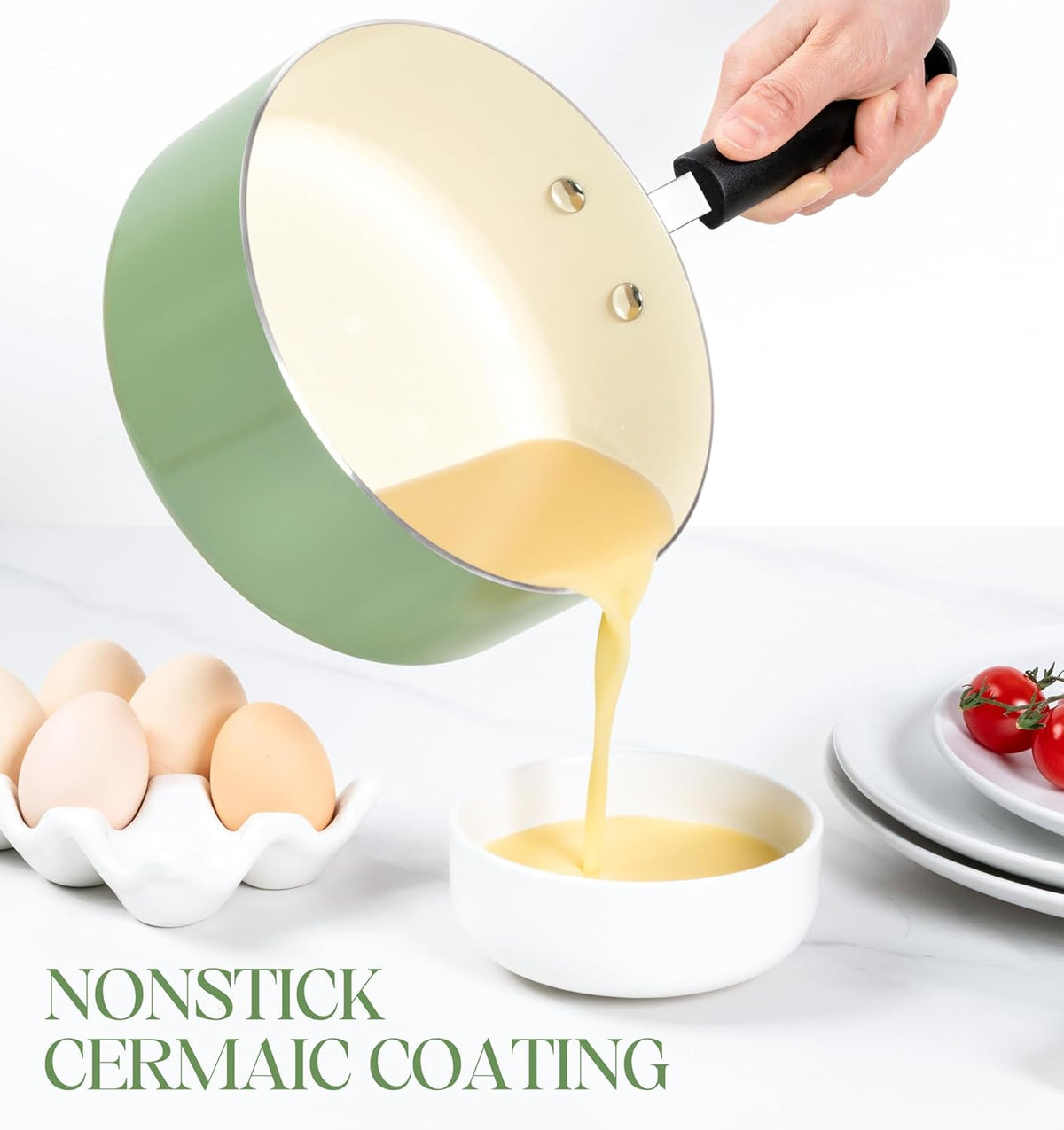 MICHELANGELO Nonstick Sauce Pan with Lid, Ceramic Saucepan Set, Non Toxic Small Saucepans Sets with Stay-Cool Handle, Induction Pots For Cooking, PTFE & PFOA Free - 1Qt & 2Qt & 3Qt, Green