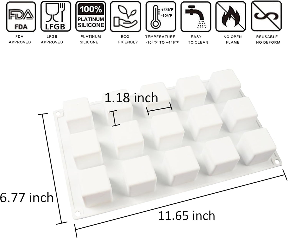 OCPO Kitchen 3D Cube Silicone Mold for Baking Mousse Cake, Square Baking Molds for Chocolate Candy Pastry Truffle Cupcake Jelly Cookie Pudding, Square Shape (15-Cavity)