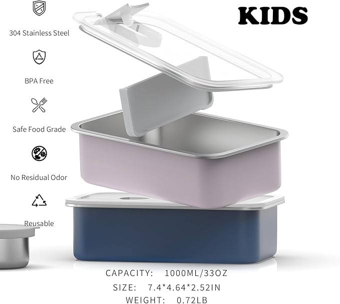 Bakpoco Stainless Steel Bento Lunch Box for Kids, 33oz Leak-Proof Lunch Box Containers, Microwave-Safe, with Adjustable Divider, Convenient Metal Lunchbox for School, Travel