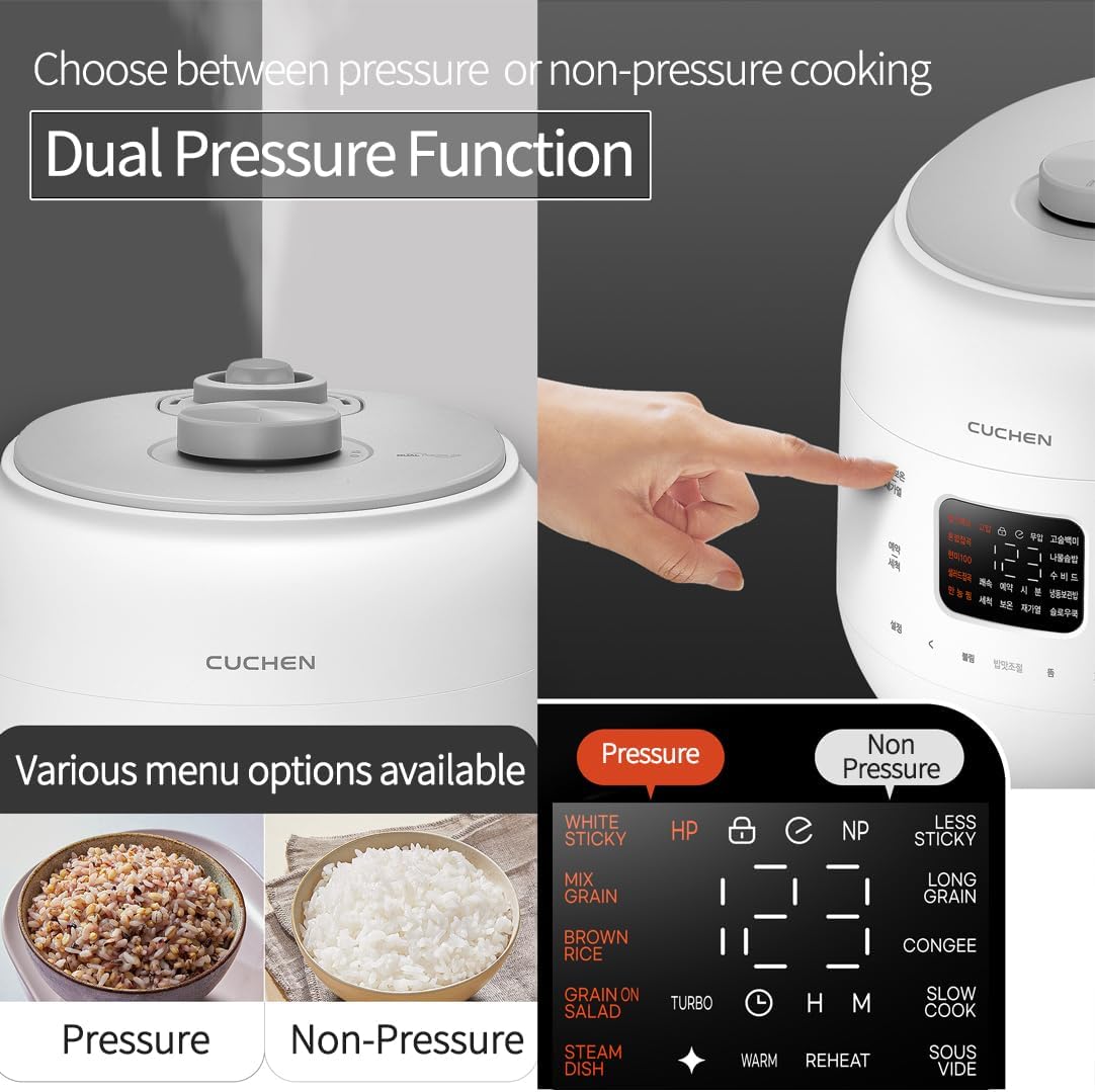 [CUCHEN] CRS-FWK1040WUS | Dual Heating Pressure Rice Cooker 10 Cup (Uncooked) | High/Non-Pressure | Triple Power Packing | Easy Open Handle | Stainless Cover | Auto Steam Clean | White