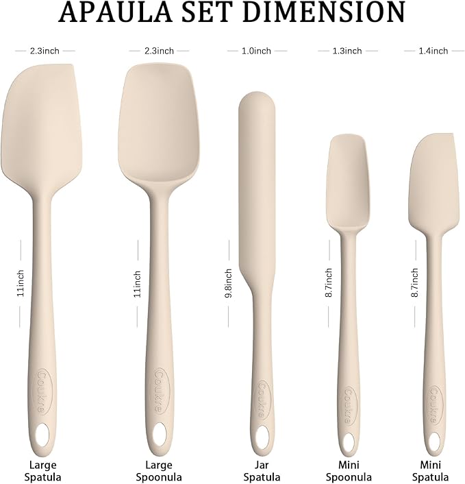 Coukre Silicone Spatula Set of 5,High Heat Resistant, Food Grade Silicone, Upgraded Extended Reinforced Handle,Dishwasher Safe, for Baking, Cooking (Pure Beige, Solid color)