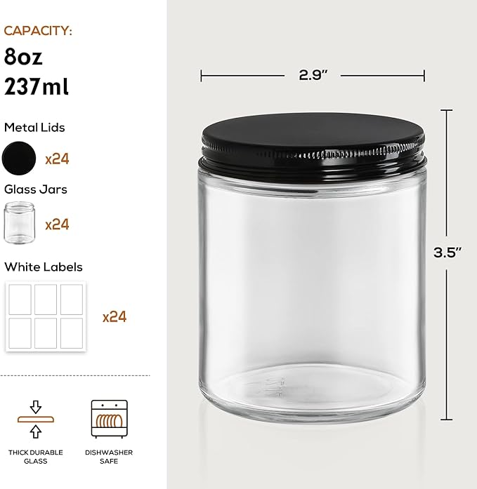 24 Pack, 8 OZ Thick Glass Jars with Metal Lids, Clear Round Candle Making Jars,Empty Food Storage Containers, Mason Canning Jar For Spice, Powder, Liquid, Sample, Lotion, Cosmetic,Dishwasher Safe