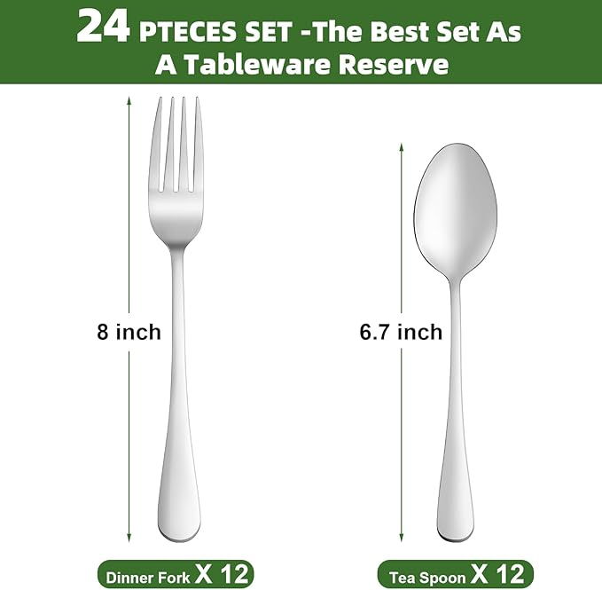 24 Pcs Forks and Spoons Silverware Set, Food Grade Stainless Steel Flatware Cutlery Set for Home, Kitchen and Restaurant, 12 Dinner Fork(8") and 12 Teaspoon(6.7"), Mirror Polished, Dishwasher Safe